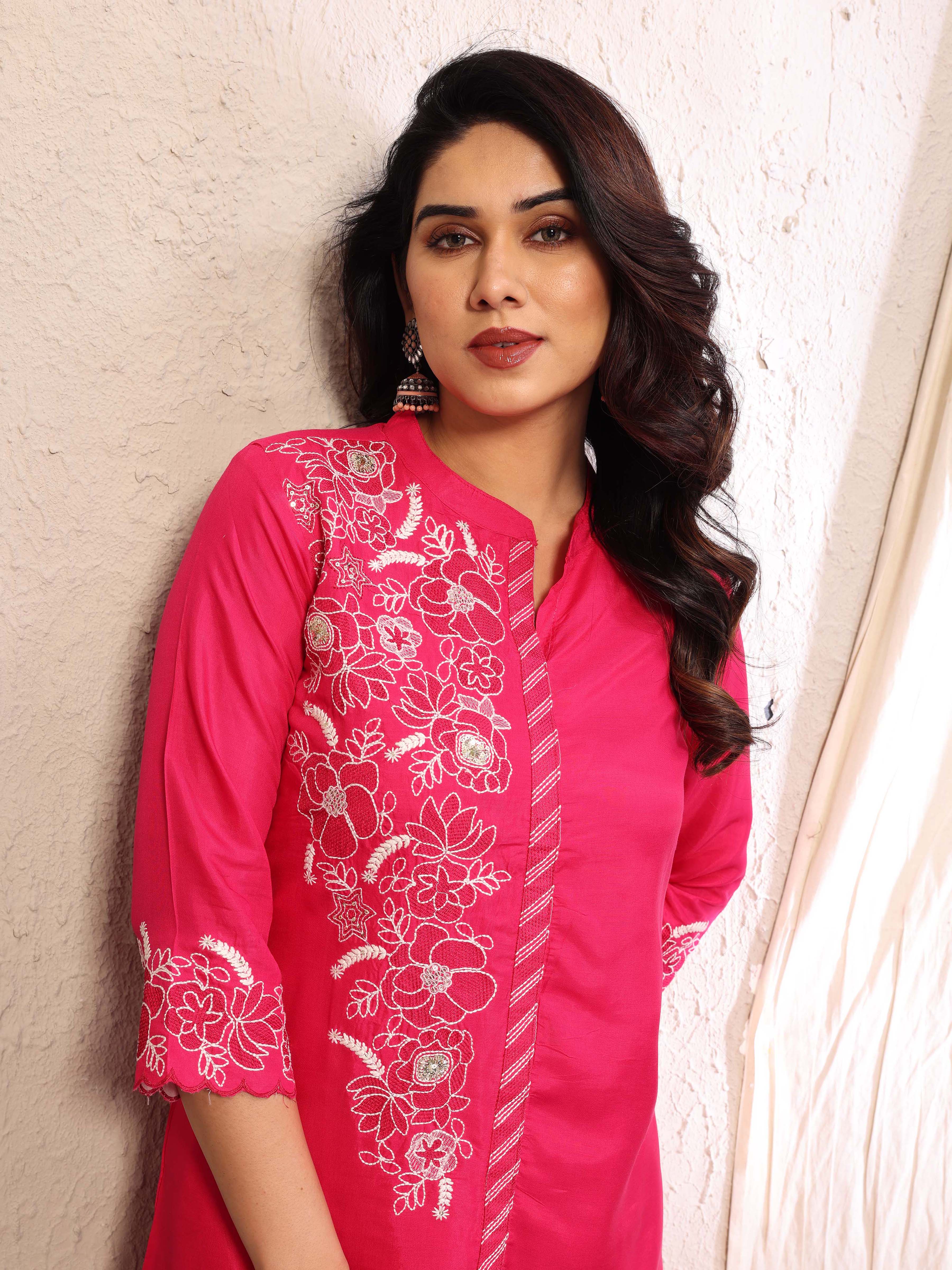 Pink Embroidery Cotton Co-ords Set