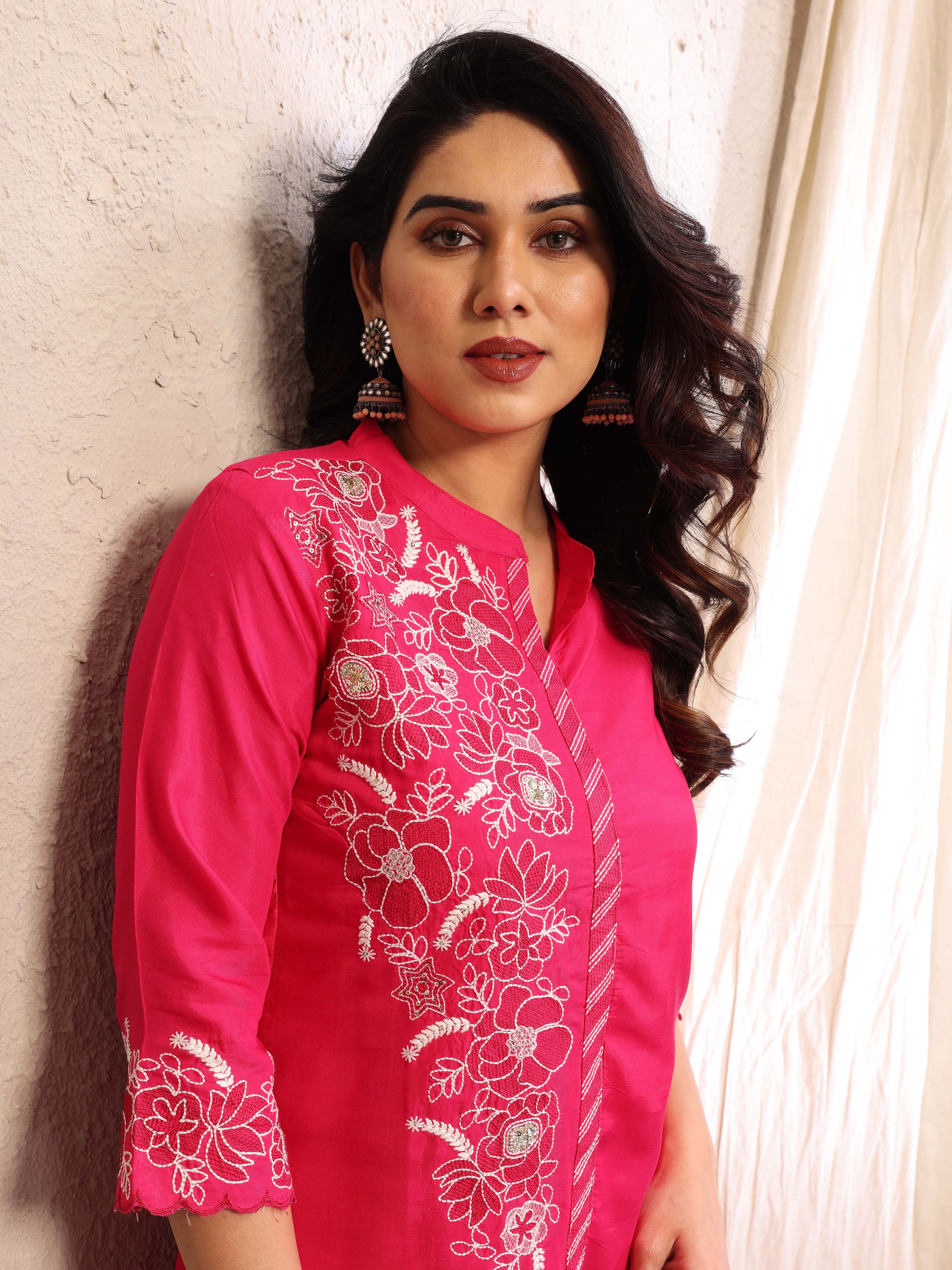 Pink Embroidery Cotton Co-ords Set